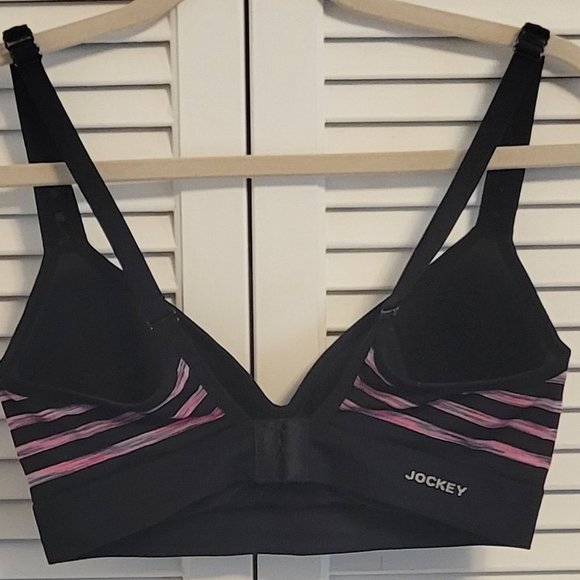 Jockey black with pink stripes wireless padded V neck sports bra sz: M - Picture 2 of 4